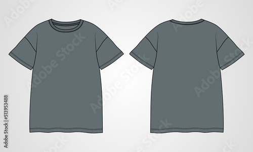 Regular fit Short sleeve T-shirt technical Sketch fashion Flat Template With Round neckline Front and back view. Clothing Art Drawing Vector illustration basic apparel design grey color Mock up.