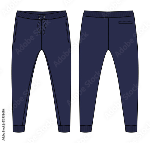 Fleece cotton jersey basic Sweat pant technical fashion flat sketch navy color template. Apparel jogger pants vector illustration mock up.
