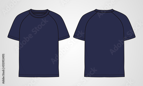 Short sleeve Raglan T shirt technical fashion flat sketch vector Illustration navy Color template front, back views isolated white Background. Basic apparel Design Mock up CAD.