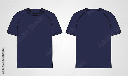 Short sleeve Raglan T shirt technical fashion flat sketch vector Illustration navy Color template front, back views isolated  white Background. Basic apparel Design Mock up CAD.