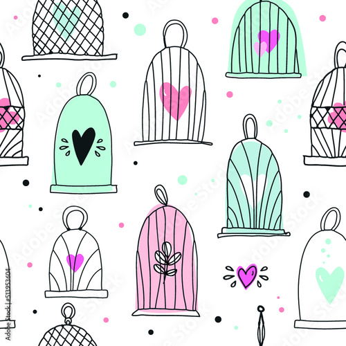 Seamless decorative spring pattern with cages and hearts