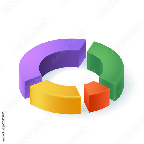 Round chart pie with donut shape and four pieces 3D icon. Ring simple diagram with slices of different colors 3D vector illustration on white background. Survey, share, financial analysis concept