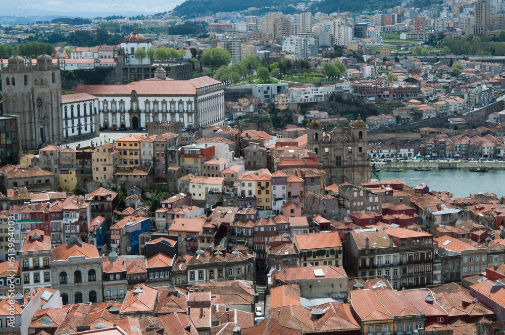 Picturesque aerial view of Porto. Cathedral la Se and Tajus river.