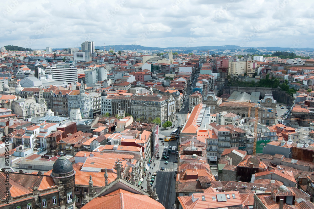 Aerial view of Porto main street. Daily city life