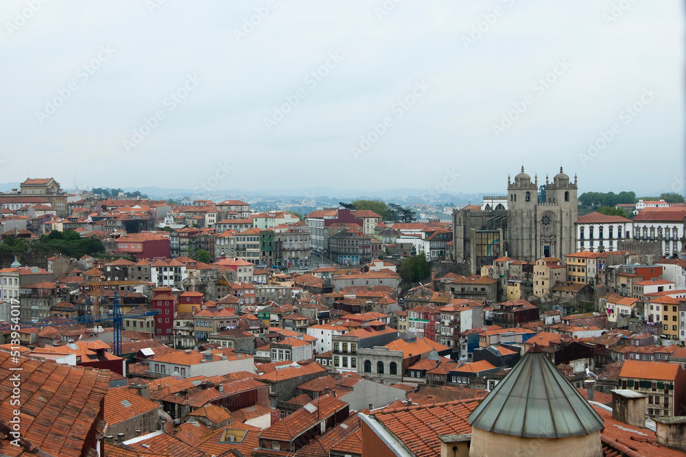 Beautiful aerial view of Porto. Cathedral La Se at the right side