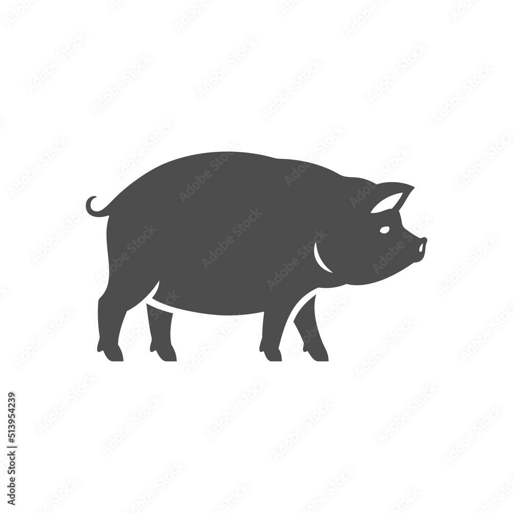 Fototapeta premium Fat domestic pig standing monochrome vintage icon black silhouette vector illustration