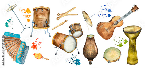 Set of Latin folk musical instruments watercolor illustration isolated photo