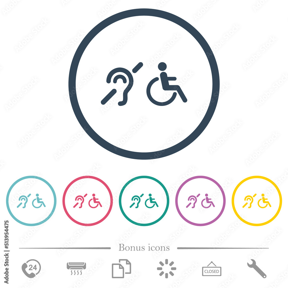 hearing impaired and wheelchair symbols flat color icons in round outlines hearing impaired and wheelchair symbols flat color icons in round outlines