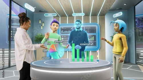 Corporate Business Meeting in Virtual Reality Office. Real Female Manager Standing Next to Two Animated Avatars of Colleagues, and a Hologram of Another Specialist. Futuristic Metaverse Concept. photo