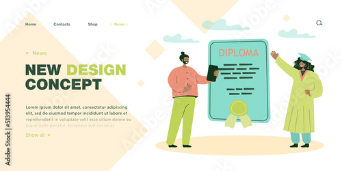 People standing in front of each other with diploma in background. Female graduating student getting diploma flat vector illustration. Graduation concept for banner, website design or landing web page
