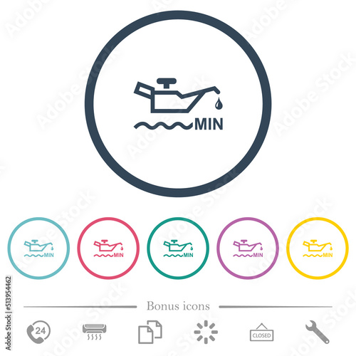 Oil level minimum indicator flat color icons in round outlines