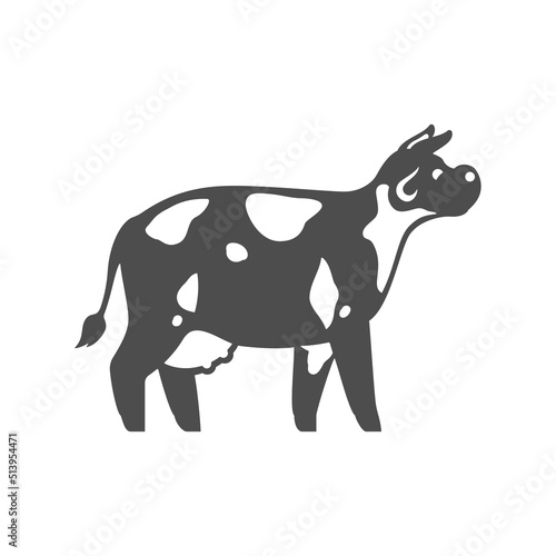 Monochrome spotted cow black silhouette vintage icon vector illustration. Farm market animal cattle