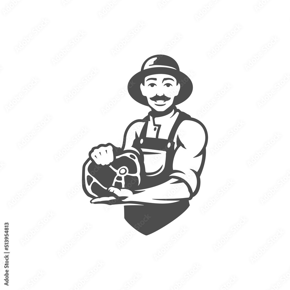 Farmer man with raw steak meat piece butchery shop agricultural market vintage icon vector Farmer man with raw steak meat piece butchery shop agricultural market vintage icon vector