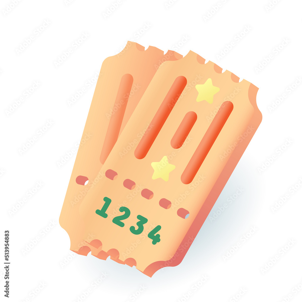 Obraz premium Two cinema, concert or theater tickets, event coupons 3D icon. Digital or paper admission to show or party with golden stars 3D vector illustration on white background. Performance, pass concept