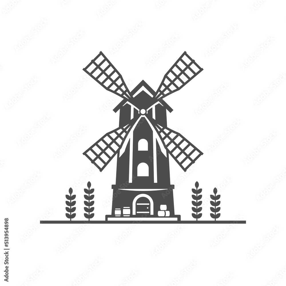 Agricultural windmill farm country tower wind mill wheat cultivation flour production icon vector