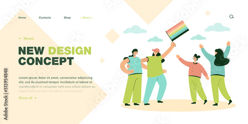 People cheering for lesbian couple with rainbow flag. Cartoon characters supporting homosexual girls flat vector illustration. LGBT community, pride month, love concept for banner or landing web page