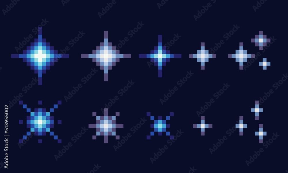 Stars, glitter,sparkles. Starry sky pixel art set. Space shining object collection. 8 bit sprite. Game development, mobile app. Isolated vector illustration. Stars, glitter,sparkles. Starry sky pixel art set. Space shining object collection. 8 bit sprite. Game development, mobile app. Isolated vector illustration.