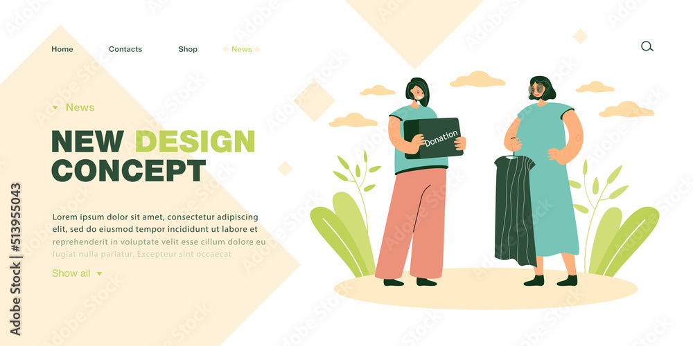 Woman giving dress to female volunteer holding donation box. Person donating clothes flat vector illustration. Volunteering, charity concept for banner, website design or landing web page Woman giving dress to female volunteer holding donation box. Person donating clothes flat vector illustration. Volunteering, charity concept for banner, website design or landing web page
