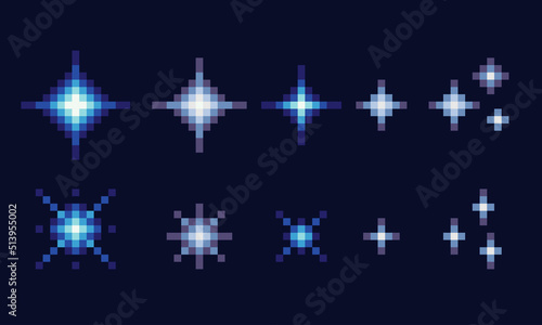 Stars, glitter,sparkles. Starry sky pixel art set. Space shining object collection. 8 bit sprite. Game development, mobile app.  Isolated vector illustration.