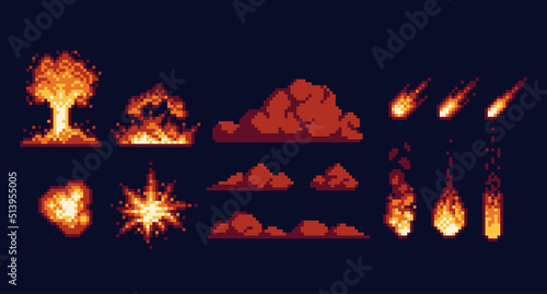 Nuclear mushroom cloud, bomb explosion pixel art set. Fire rain, blast, hot comets collection. Soot clouds, smoke. 8 bit sprite. Game development, mobile app.  Isolated vector illustration.