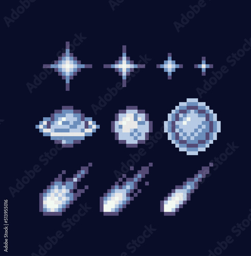 Stars, glitter,sparkles. Starry sky pixel art set. Space shining object collection. 8 bit sprite. Game development, mobile app.  Isolated vector illustration.