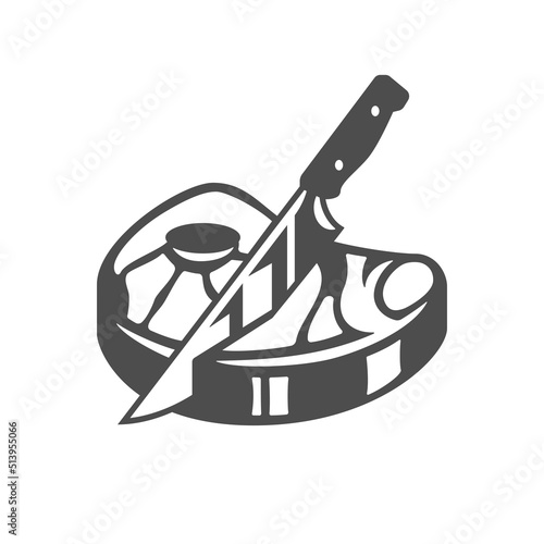 Raw meat steak butcher knife cutting organic farm food production monochrome vintage icon vector