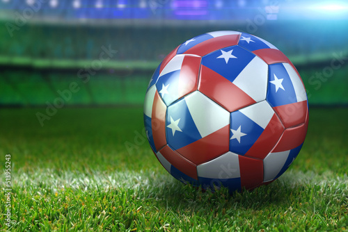 Chile Soccer Ball on Stadium Green Grasses at Night
