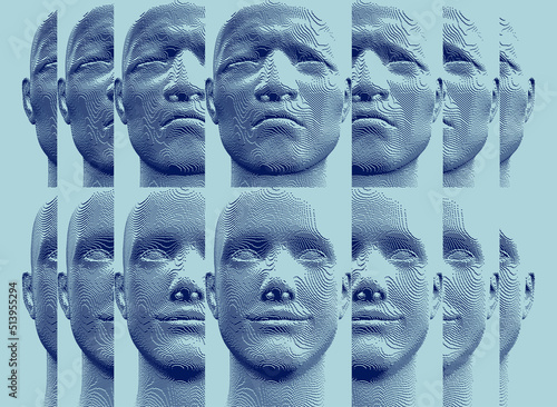 Reflection of man looking away in mirrors. Concept of psychological and mental health issues. Voxel art. 3D vector illustration of multiple cloned humans. Design for presentation, cover or brochure.