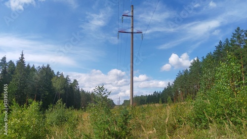A clearing was cut in the forest and a high-voltage power line was placed on it on concrete poles. Young trees have grown on the clearing over time. It's sunny and the sky is blue with clouds