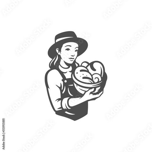 Farmer woman fresh organic homemade baking pastry food loaf bread bun in basket vintage icon vector