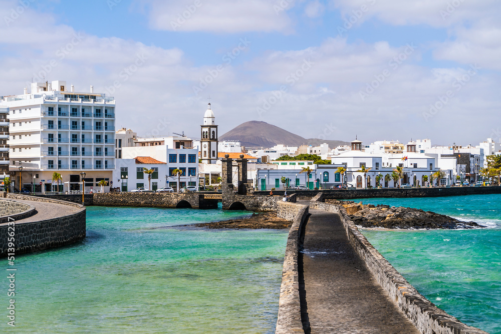 Arrecife cityscape seen from the Atlantic Ocean, capital city of Lanzarote, Canary Islands, Spain