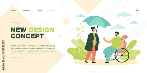 Man in wheelchair asking woman for umbrella in rain. Person with physical disability asking for help flat vector illustration. Assistance, support, disability concept for banner or landing web page