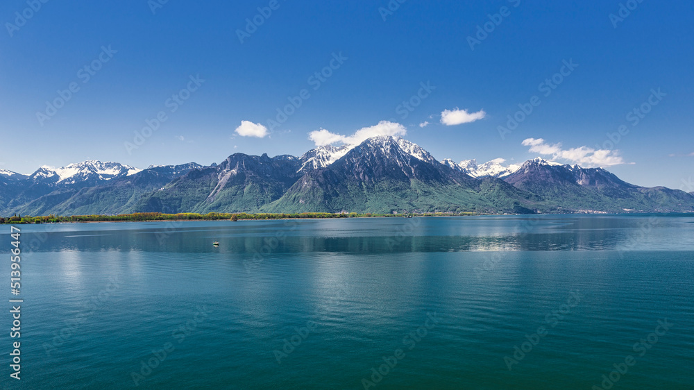 Landscape of Lake Lehmann. 
A look at the Evian region of France in Montreux, Switzerland
