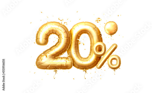20 Off balloons, discount sale, balloon in the form of a digit, golden confetti. Vector photo