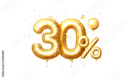 30 Off balloons, discount sale, balloon in the form of a digit, golden confetti. Vector