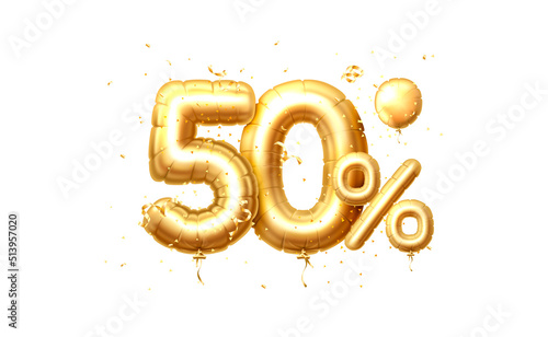 50 Off balloons, discount sale, balloon in the form of a digit, golden confetti. Vector
