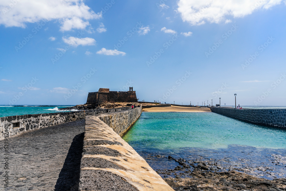 San Gabriel Castle with bridges leading to it, Arrecife, Lanzarote, Canary Islands, Spain