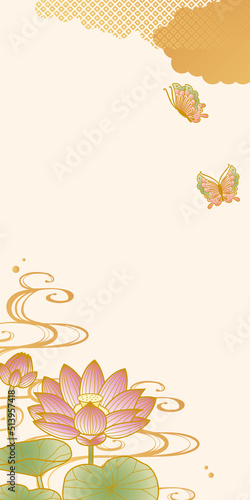 お盆 お彼岸テンプレート背景　蓮の花の和柄