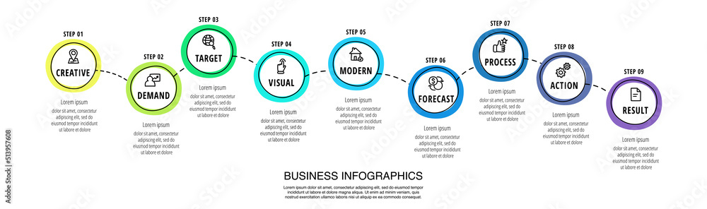 Business vector infographics with nine circles. Hand drawn timeline visualization with 9 steps for diagram, flowchart, banner, presentations, web, content, levels, chart, graphic