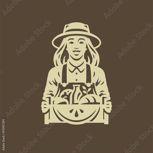 Woman farmer with crate full of farm organic food and drink agriculture fresh product icon vector