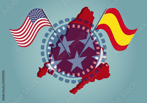 Cumbre en Madrid con las banderas de EEUU y España sobre el mapa de Madrid y su bandera