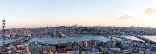 Sunset time in Istanbul. Panoramic view from Galata tower to Golden Horn, Turkey.