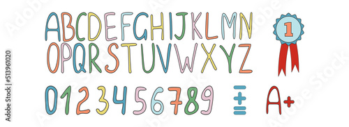 Simple colored alphabet and numbers. Hand-drawn.