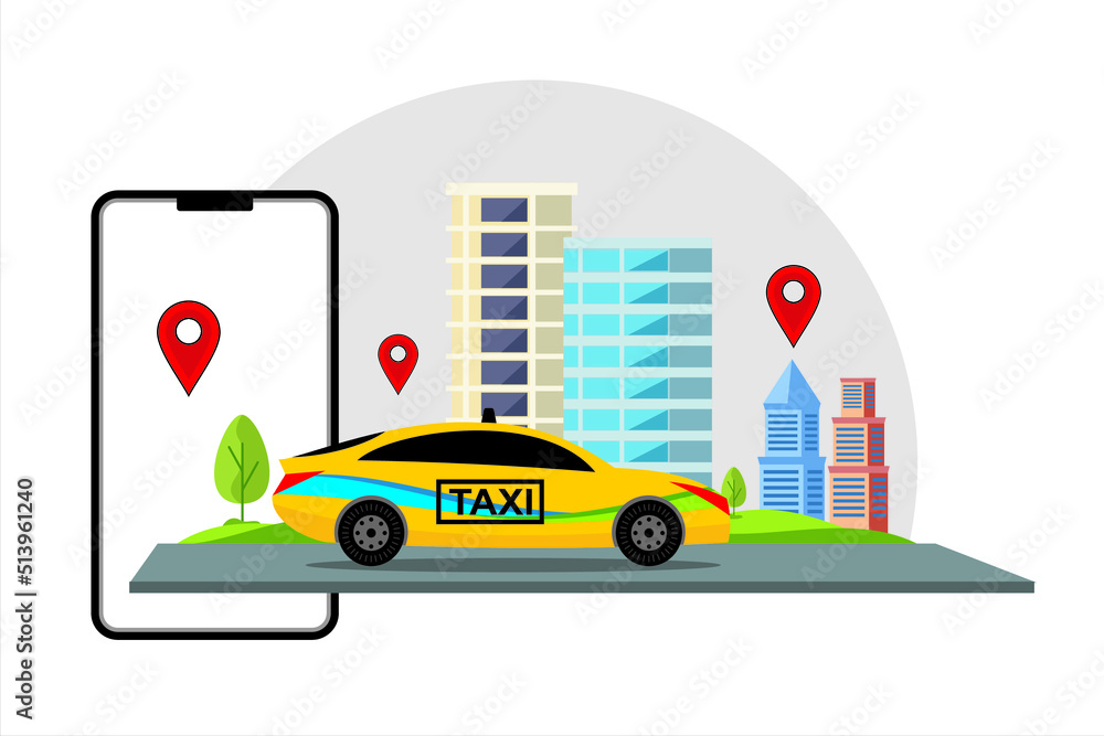Yellow taxi. Automobile vehicle. Taxi e-commerce application. Illustration of passenger transport