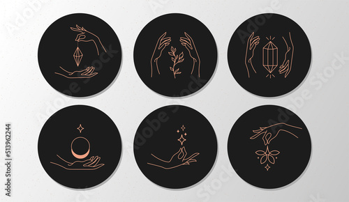 Set of icons and emblems for social media news covers with mystical hands, crystals and lotus. Design templates for yoga studio astrologer, tourism, beauty salons