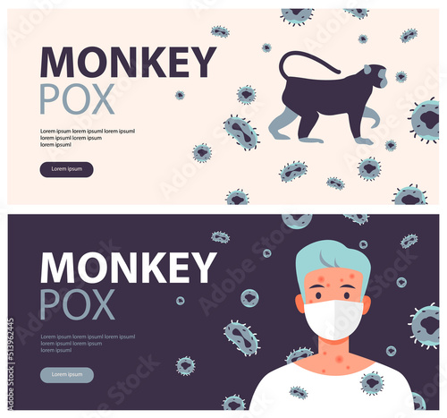 Monkeypox virus banner for awareness and alert against disease spread, symptoms or precautions. Monkey pox virus. Flat vector illustration.