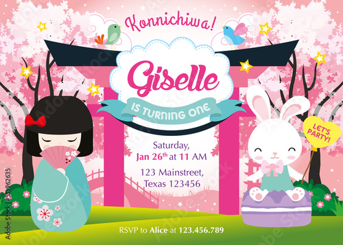 Birthday invitation with cute Japanese Kokeshi Dolls