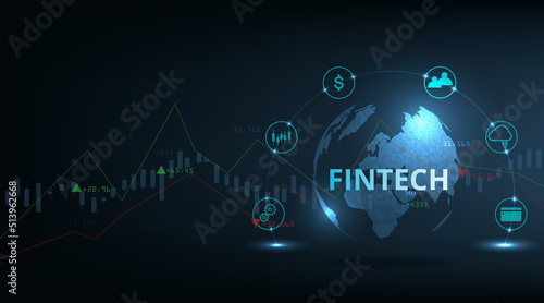 Financial technology concept and Business world class design.Icon Fintech and things on dark blue technology background represents the connection Financial technology,banking and Business world class.