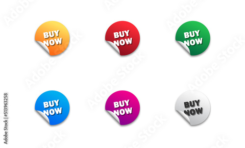 Buy Now icons set. Round colorful sticker with offer message. Flat vector illustration.