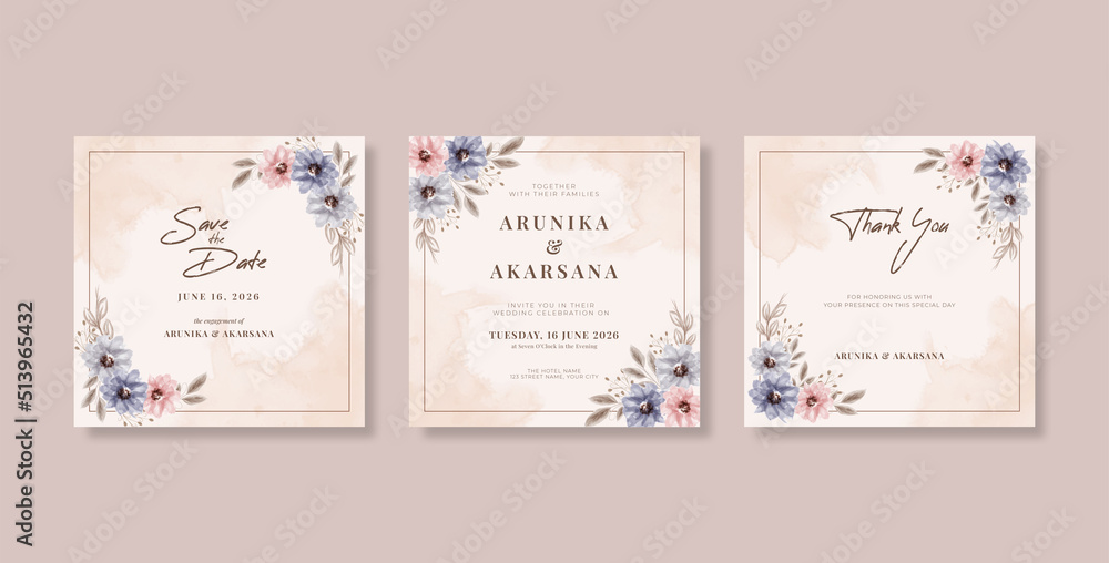 Beautiful rustic wedding invitation square set template